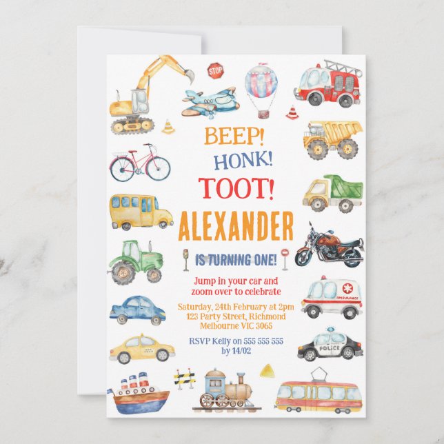 Transportation City Cars and Truck Boy Birthday Invitation (Front)