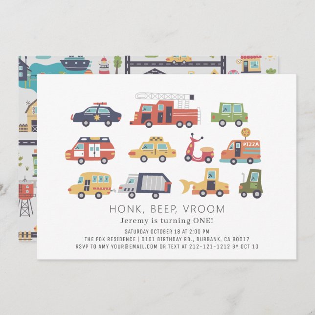 Transportation City Cars & Trucks 1st Birthday Invitation (Front/Back)