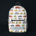 Transportation City Cars & Trucks Boy Printed Backpack<br><div class="desc">This cute and modern transportation boy's backpack features a white background with vehicles such as a police car, fire truck, car, first aid, taxi, pizza truck, moped, school bus, garbage truck, excavator, and tractor. Change your background colour and personalise for your needs. You can find more matching products at my...</div>