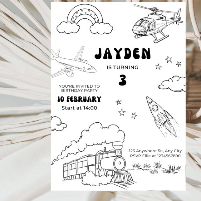 Transportation Line Art Boy’s 3rd Birthday Party Invitation (Creator Uploaded)