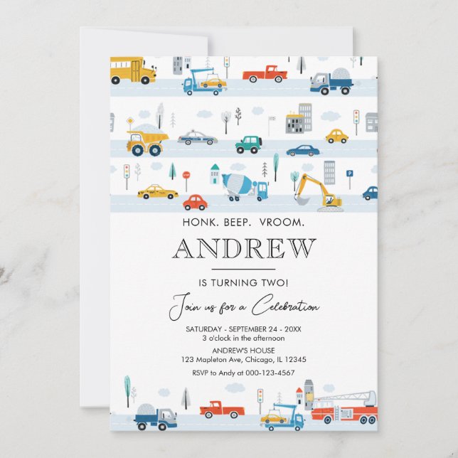 Transportation Trucks and Cars Boy Birthday Invitation (Front)