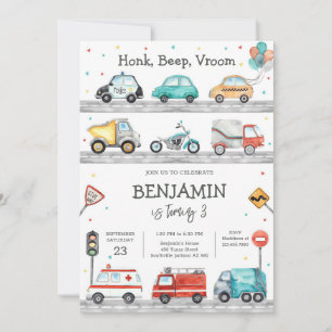 Transportation Vehicle Kids Birthday Invitation