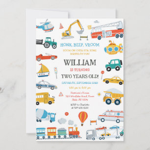 Transportation Vehicle Kids Birthday Invitation