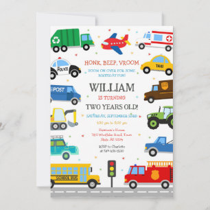 Transportation Vehicle Kids Birthday Invitation