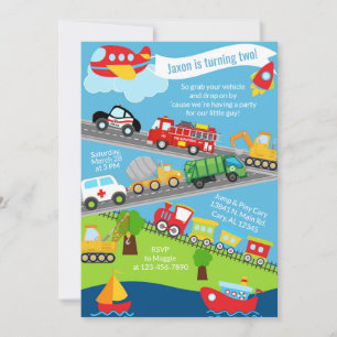 Transportation vehicles boy birthday invite. invitation