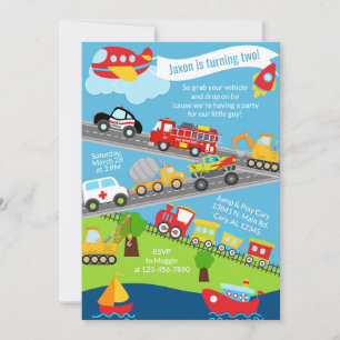 Transportation vehicles boy birthday invite. invitation