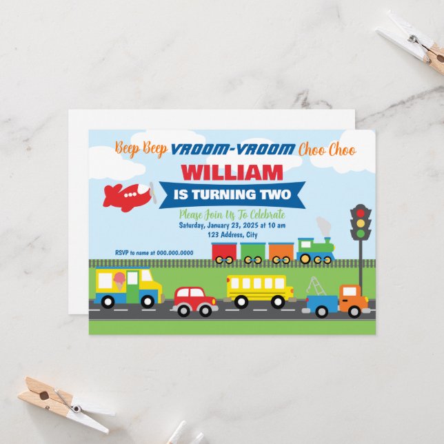 Transportation Vehicles Boy Invitation (Front/Back In Situ)