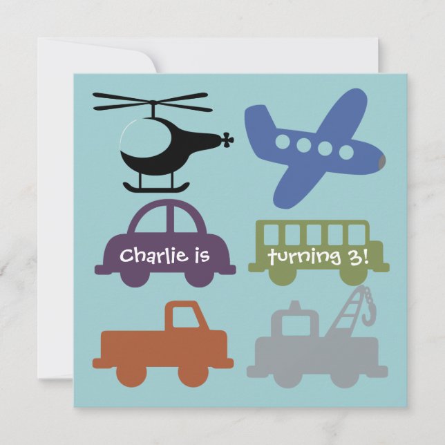 Transportation Vehicles Custom Birthday Invite (Front)
