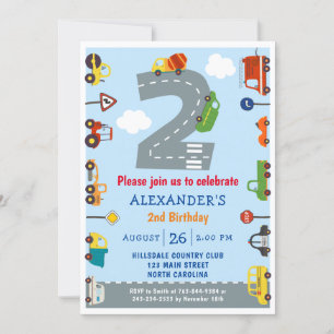 Transportations 2nd Birthday Party Invitation