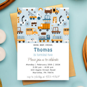 Transportations Hand Drawn Cars Birthday Invitation