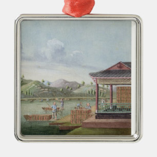 Transporting crates of tea (w/c on paper) metal ornament
