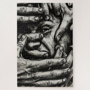 Trapped Thoughts – Charcoal Hands Black and White Jigsaw Puzzle