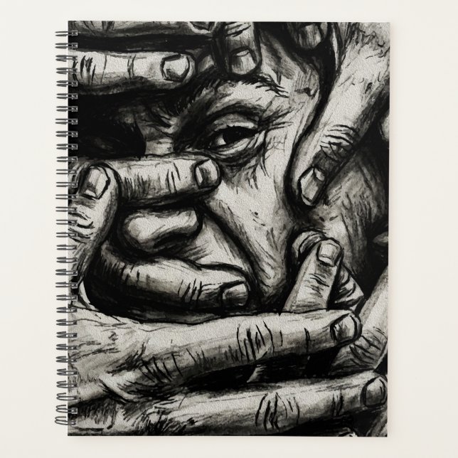 Trapped Thoughts – Charcoal Hands Black and White Planner (Front)