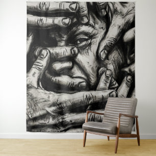 Trapped Thoughts – Charcoal Hands Black and White Tapestry
