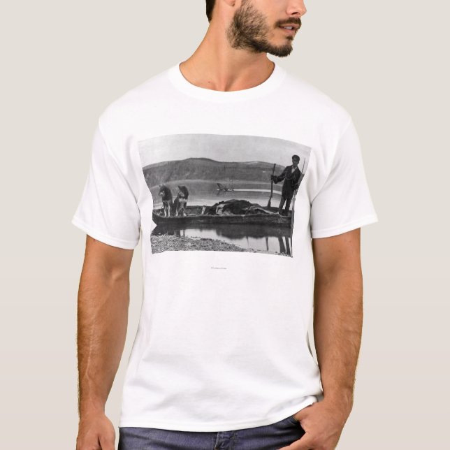 Trapper in Canoe with Hides and Dogs Alaska T-Shirt (Front)