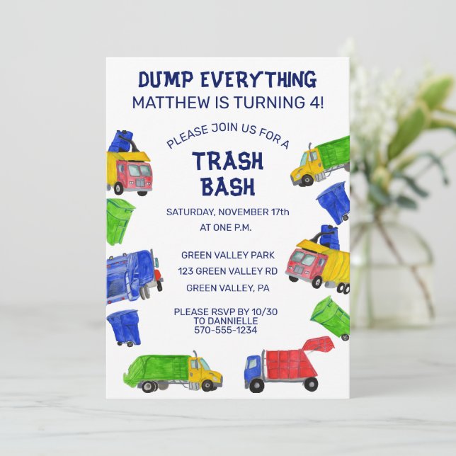 Trash Bash Garbage Trucks Boys Birthday Party Invitation (Standing Front)