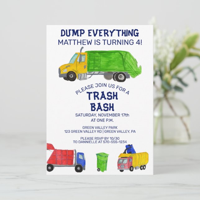 Trash Bash Garbage Trucks Boys Birthday Party Invitation (Standing Front)