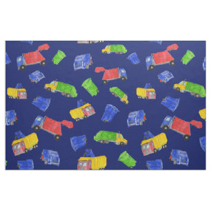 Trash Bash Garbage Trucks Patterned Blue Fabric
