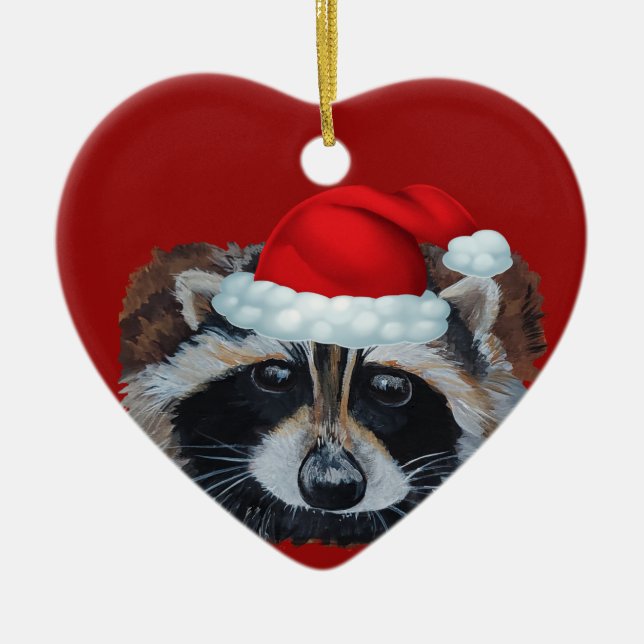 Trash Panda Racoon Santa Hat Ceramic Ornament (Front)