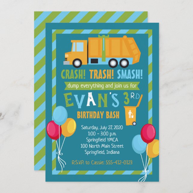 Trash Truck Birthday Invitation (Front/Back)