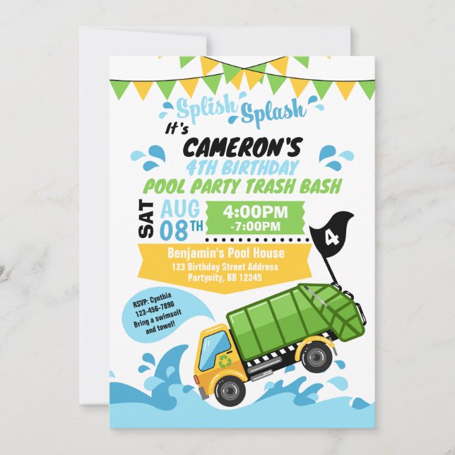 Trash Truck Pool Party Summer Splash Birthday Invitation (Front)