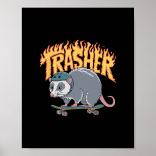 Trasher Skateboarding Opossum Helmet Flames Skate  Poster