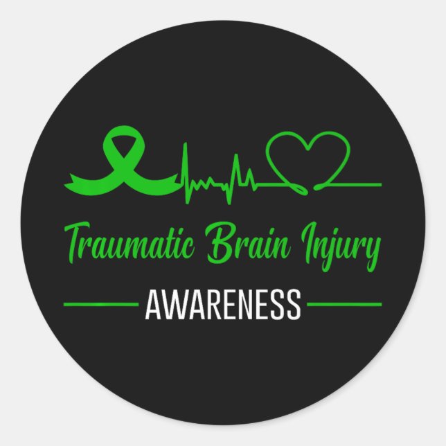 Traumatic Brain Injury Awareness Green Ribbon Hear Classic Round Sticker (Front)