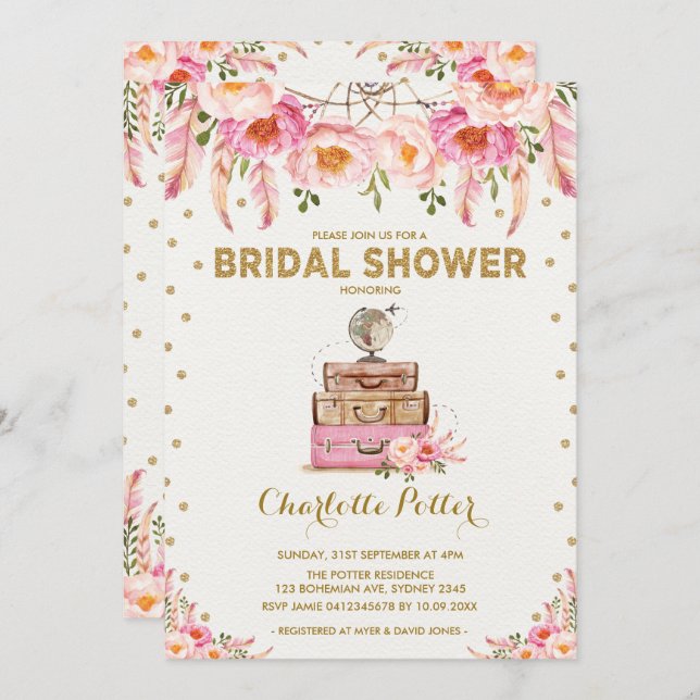 Travel Adventure Bridal Shower Pink Floral Invite (Front/Back)