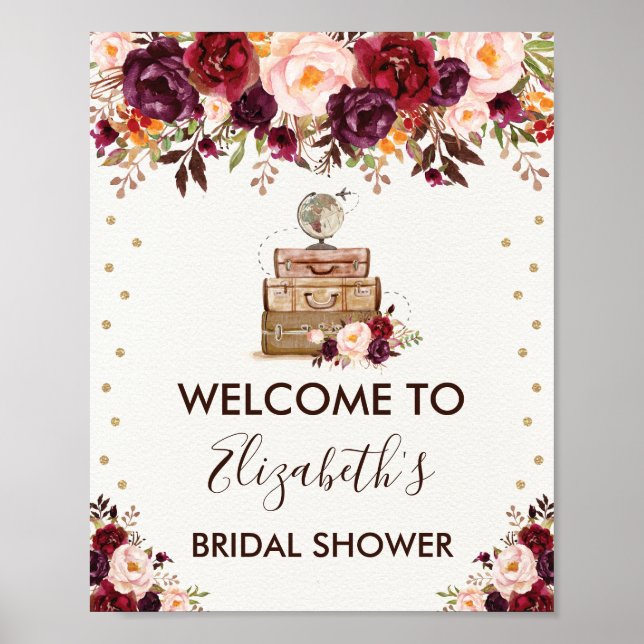 Travel Adventure Bridal Shower Rustic Floral Poster (Front)