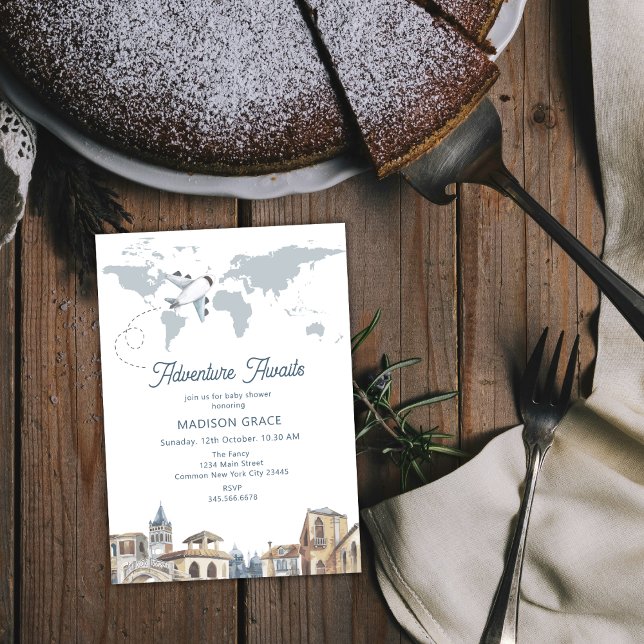 Travel Adventure World Map Aeroplane Baby Shower Invitation (Travel Adventure World Map Airplane Baby Shower Invitation)