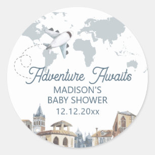 Travel Adventure World Map Airplane Baby Shower  Classic Round Sticker