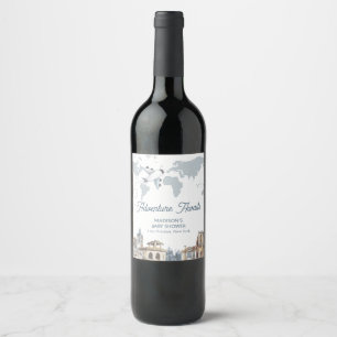 Travel Adventure World Map Airplane Baby Shower Wine Label