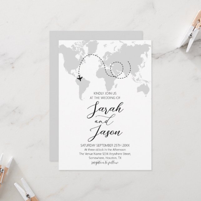 Travel Adventure World Map Destination Wedding Invitation (Front/Back In Situ)