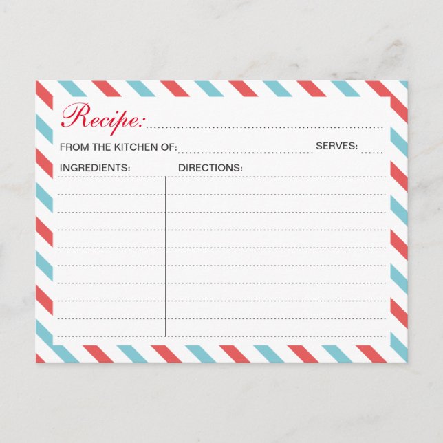 Travel Aeroplane Recipe Card, Bridal Shower Weddin Invitation Postcard (Front)