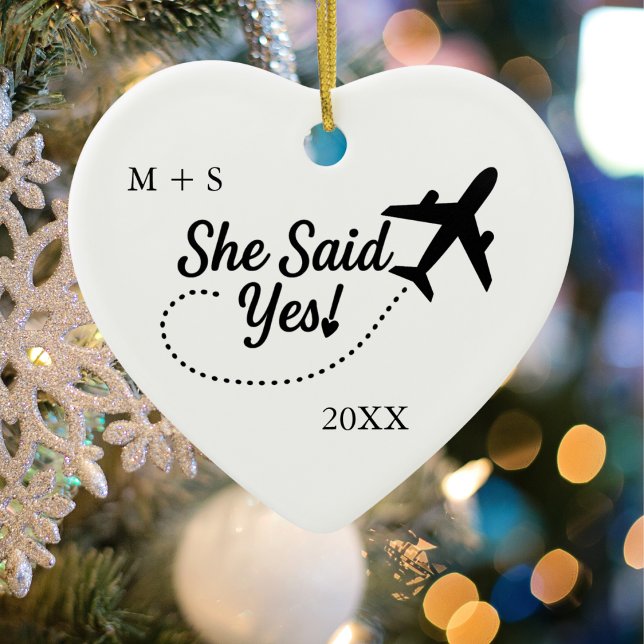 Travel Aeroplane 'She Said Yes!' Engagement Photo  Ceramic Ornament (back)