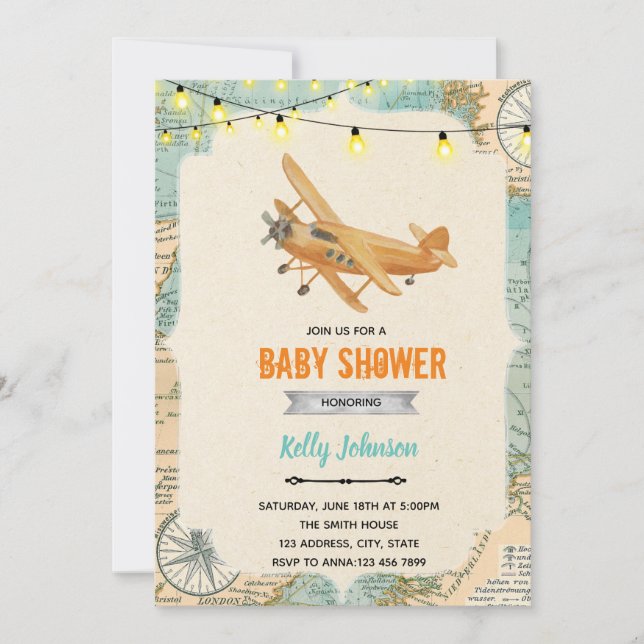 Travel aeroplane shower birthday invitation (Front)