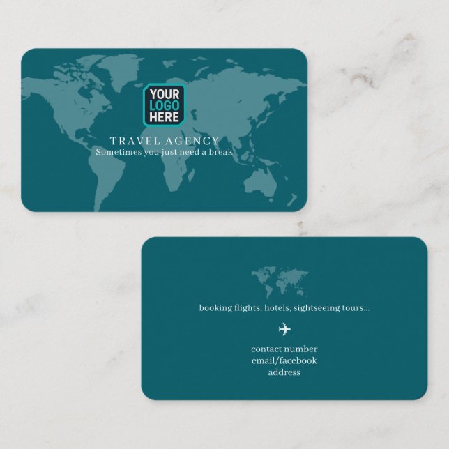 Travel Agency Logo World Map blue Business Card (Front/Back)