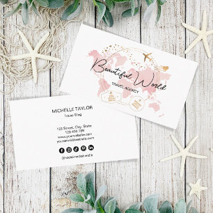 Travel Agency Travel Blog Pink World Map Logo Business Card