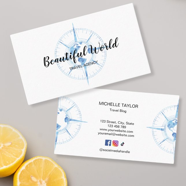 Travel Agency Travel Blog World Map Compass Business Card (blue watercolor compass with globe)