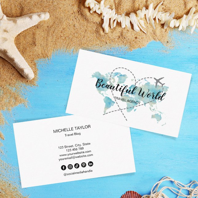 Travel Agency Travel Blog World Map Logo Business Card (Creator Uploaded)