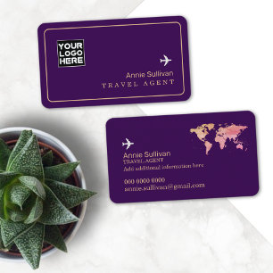 Travel Agent Airplane World Map Purple Business Card