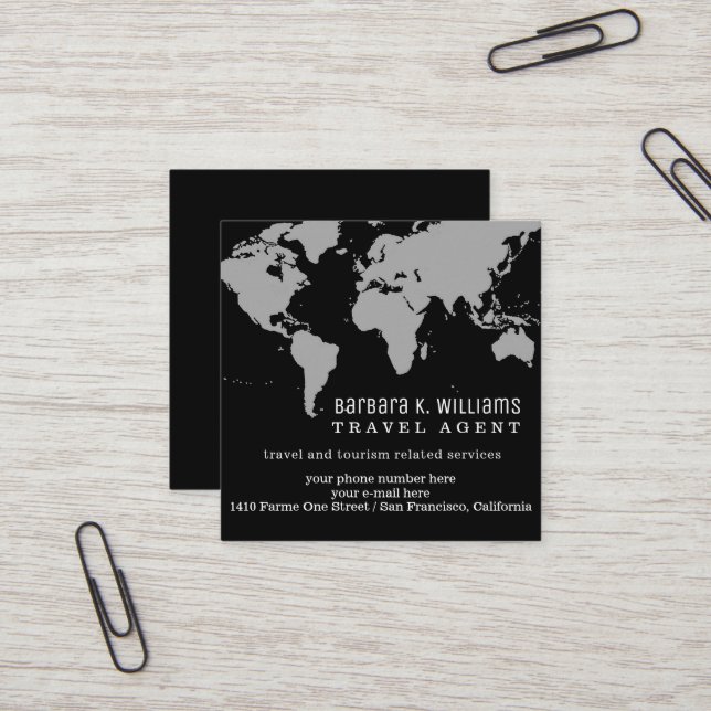 Travel Agent Black/White World Map Square Business Card (Front/Back In Situ)