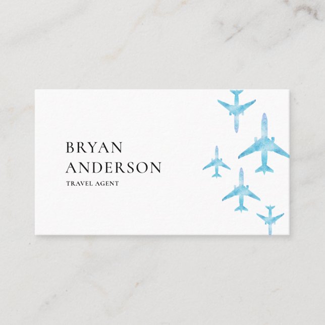 Travel Agent Blue Watercolor Aeroplanes Business Card (Front)