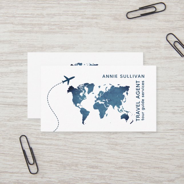 Travel Agent . blue world map and plane Business Card (Front/Back In Situ)