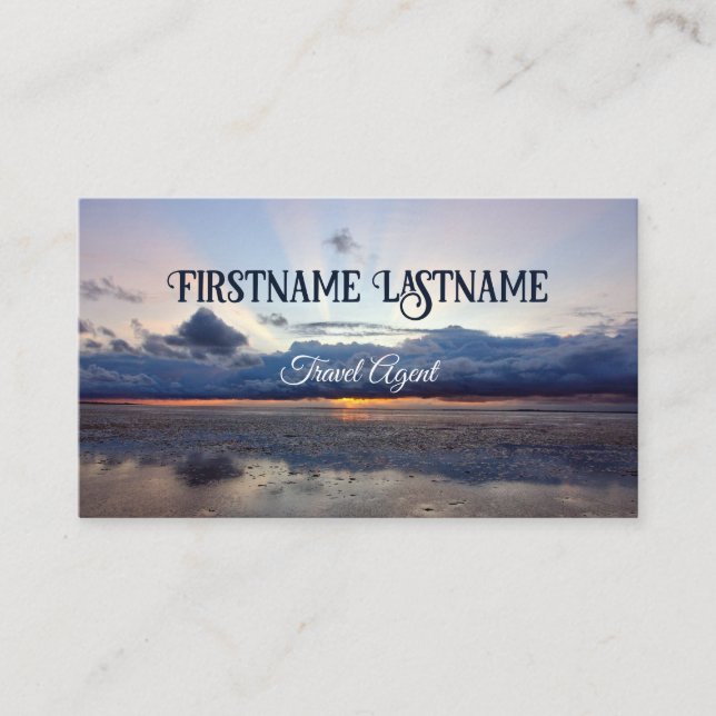 Travel agent dramatic sky ocean beach sunset business card (Front)