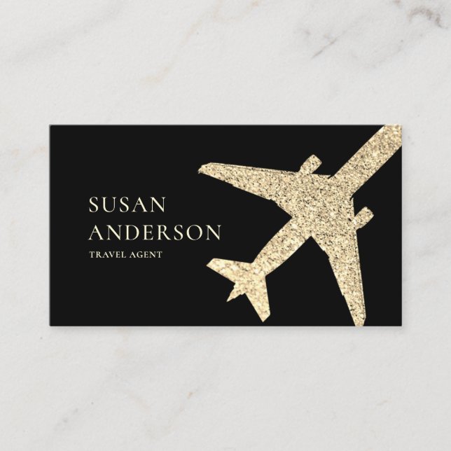 Travel Agent Faux Gold Glitter Aeroplane Business Card (Front)