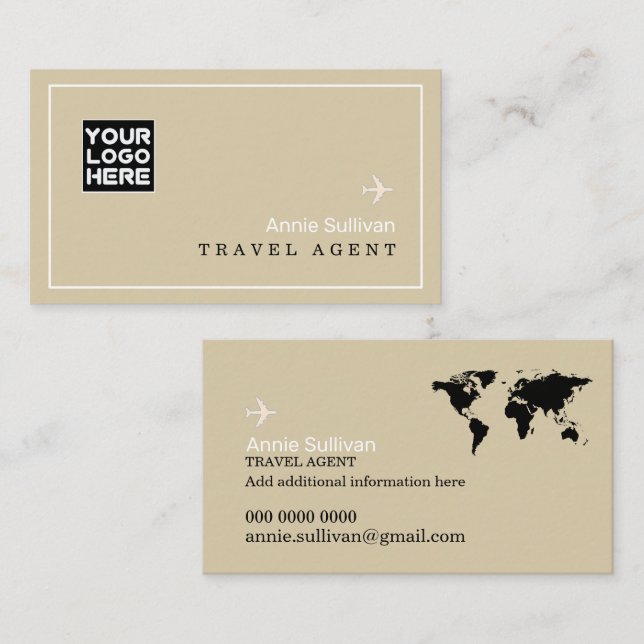 Travel Agent Logo Plane World Map Beige Business Card (Front/Back)