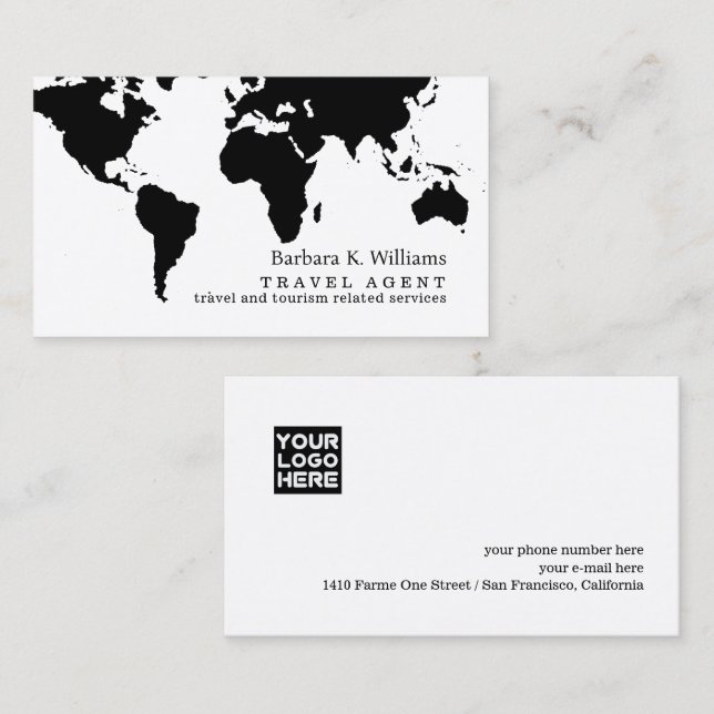 Travel Agent Modern Black White Business Card  (Front/Back)