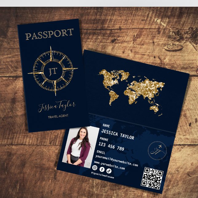 Travel Agent Passport World Map Insert Photo (gold glitter compass passport)