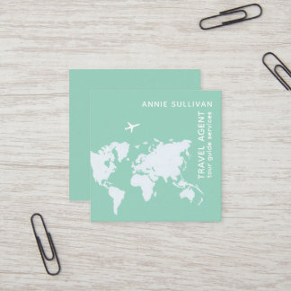 Travel agent with world map and aeroplane square business card
